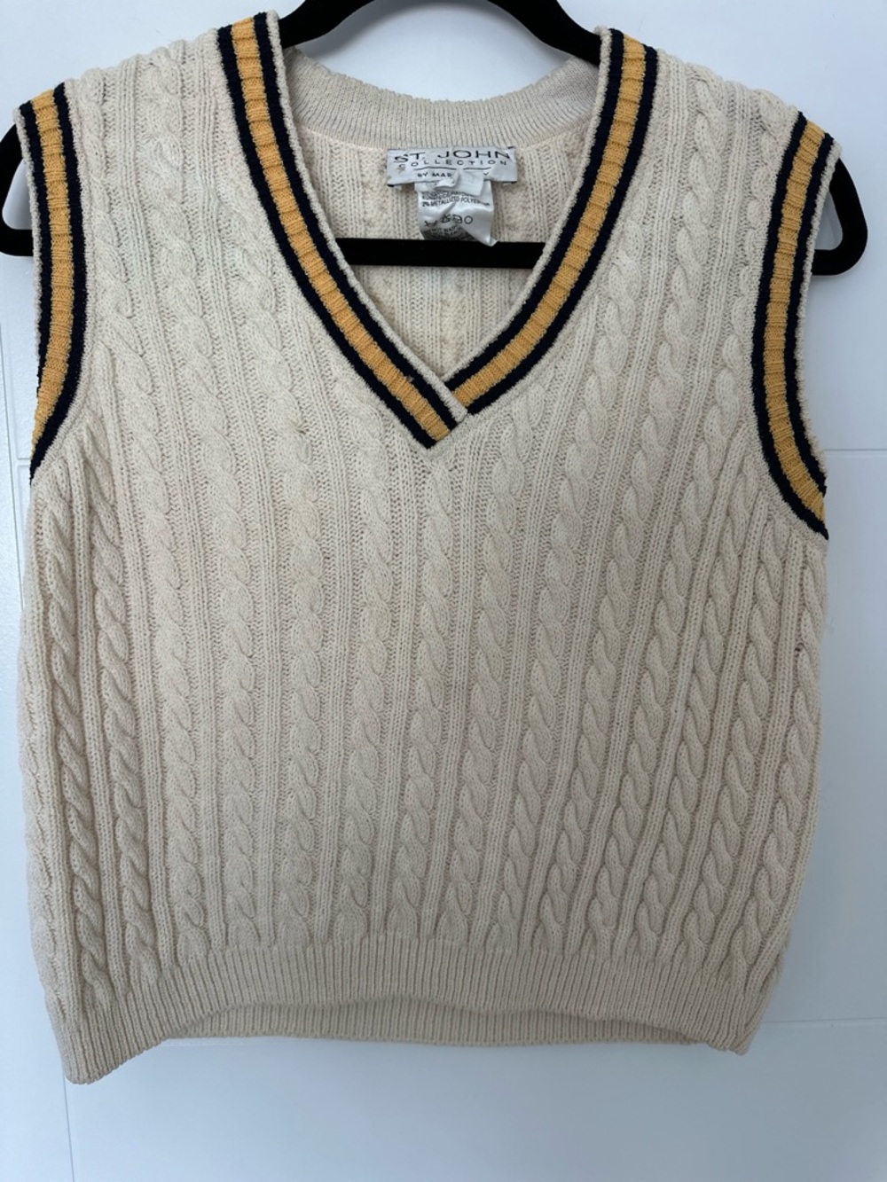 St. John Collection Cream Knit Sweater Vest with Navy & Mustard Trim